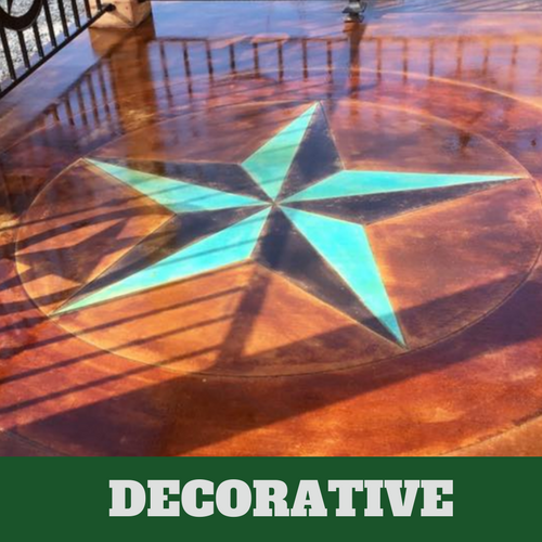 Acid stained decorative concrete floor with blue and black star detail.