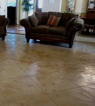 Interior concrete floor cut to look like ceramic tile.