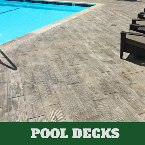 Stamford stamped concrete pool surround with a wood grain finish.